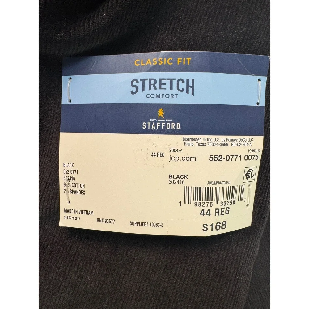 Stafford Mens 44R Black Corduroy Sport Coat Blazer Classic Fit Stretch Elbow Pat